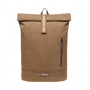 Simple leisure brown canvas top rollup backpack cotton rucksack