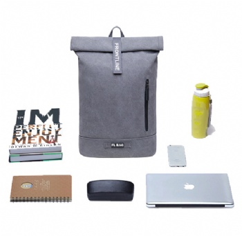 Classical gray canvas rolltop laptop backpack casual computer rucksack