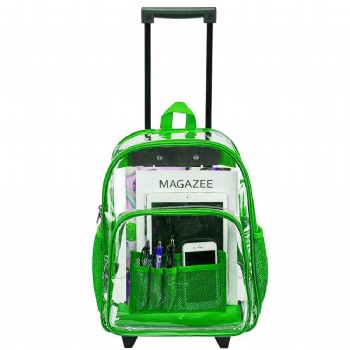 China manufacturer see-throught PVC wheeled backpack trolley bags rolling rucksacks on wheels