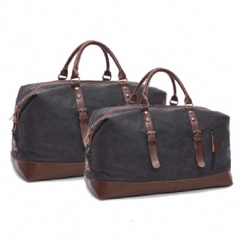 High quality classic military style black heavyduty cotton canvas/PU Leather duffel bag shoulder bag