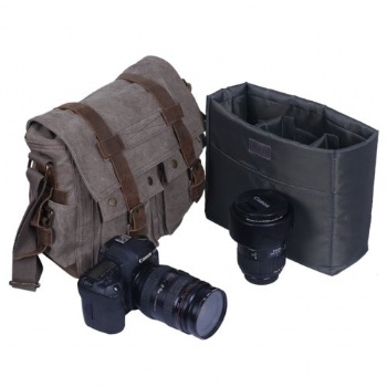 Versatile Vintage Canvas Leather Shoulder Bag Messenger Bag with DSLR SLR Camera Insert Case