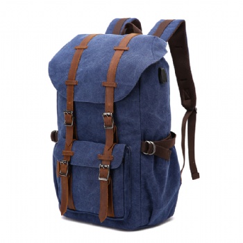 Retro tough black canvas rucksack bag with dual leather strips