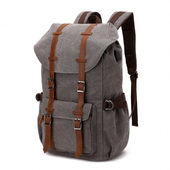 Retro tough black canvas rucksack bag with dual leather strips