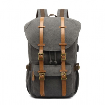 Preppy style gray canvas rucksack bag trekking backpack for college students