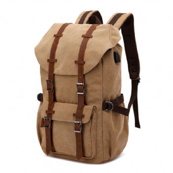 College preppy style tan color canvas backpack bag with USB charging port