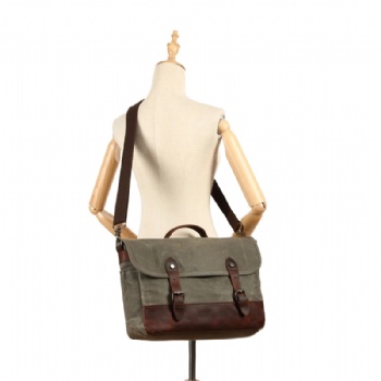 Vintage Waxed Canvas Leather Laptop Briefcase Crazy horse messenger bag for mens