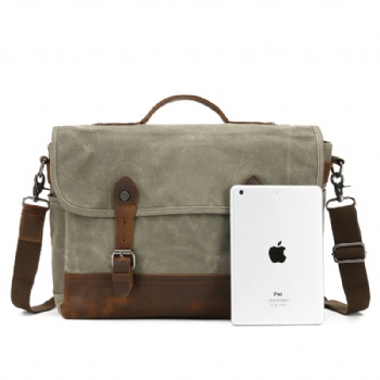 Vintage Waxed Canvas Leather Laptop Briefcase Crazy horse messenger bag for mens