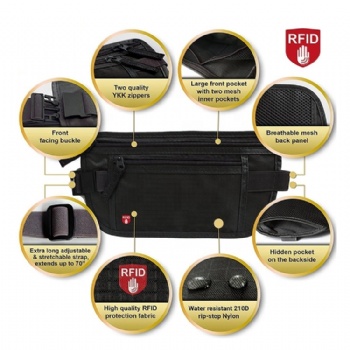 Waterproof RFID blocking travel money waist belt organizer hip pack security pouch anti-theft