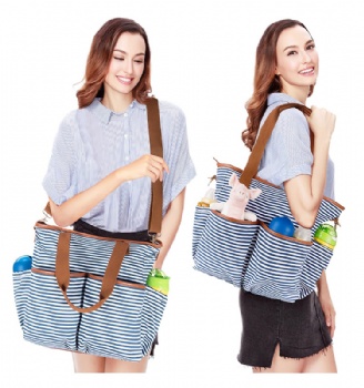 Fashionable Designer Blue White Striped Canvas Diaper Bag Mummy Maternity Tote Shoulder Bag