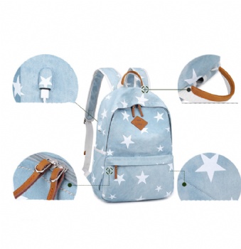 Classic denim school backpack girls daypack with USB charging port
