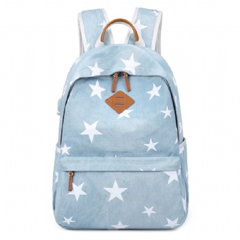 Classic denim school backpack girls daypack with USB charging port